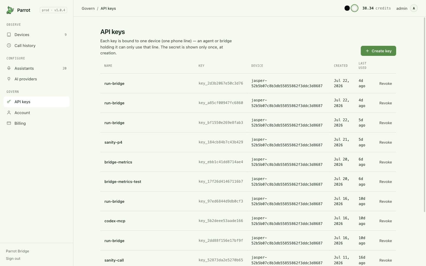 API keys: the key list and a created key's one-time secret reveal