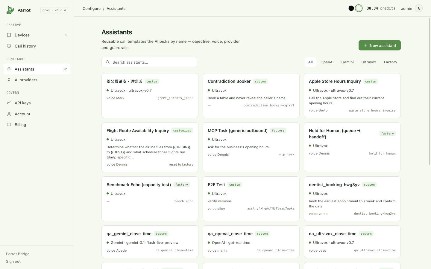 The Assistants page: templates and your own, filterable by provider