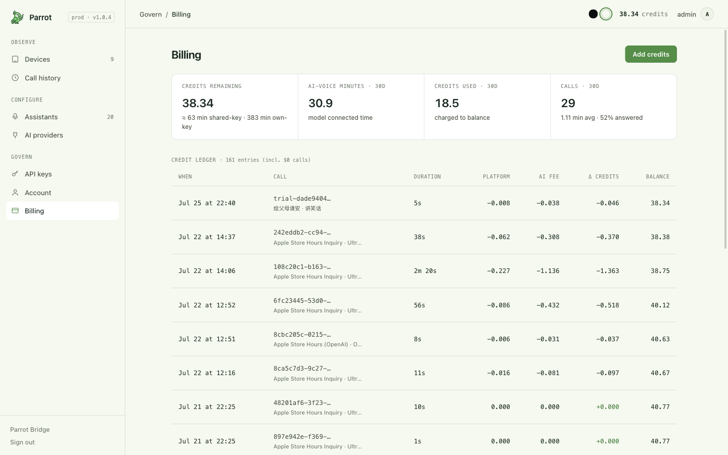 Billing: balance, ledger, usage breakdowns