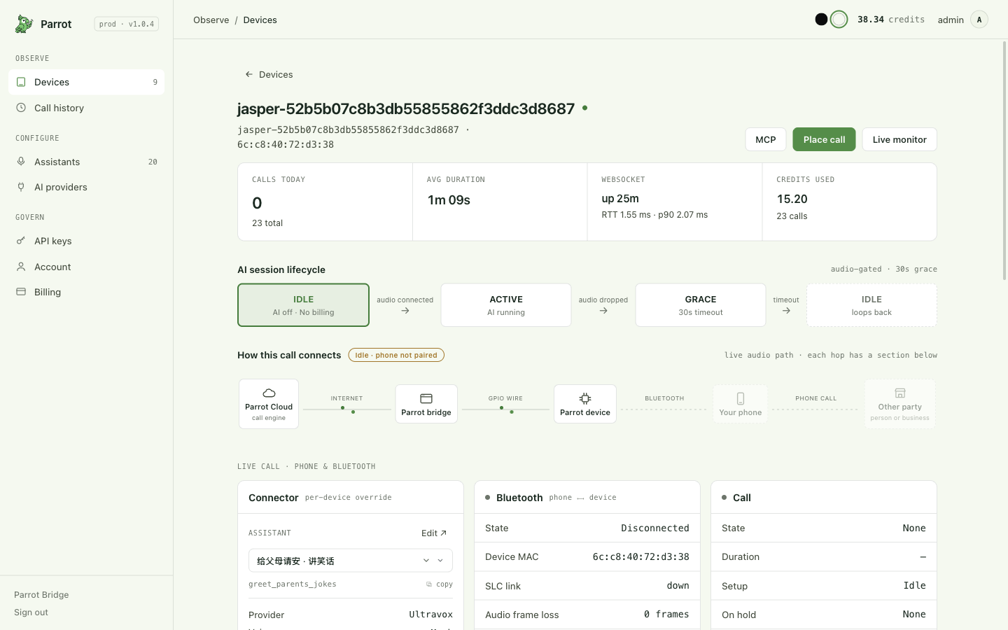 The device page: connection path, live-call cards, diagnostics