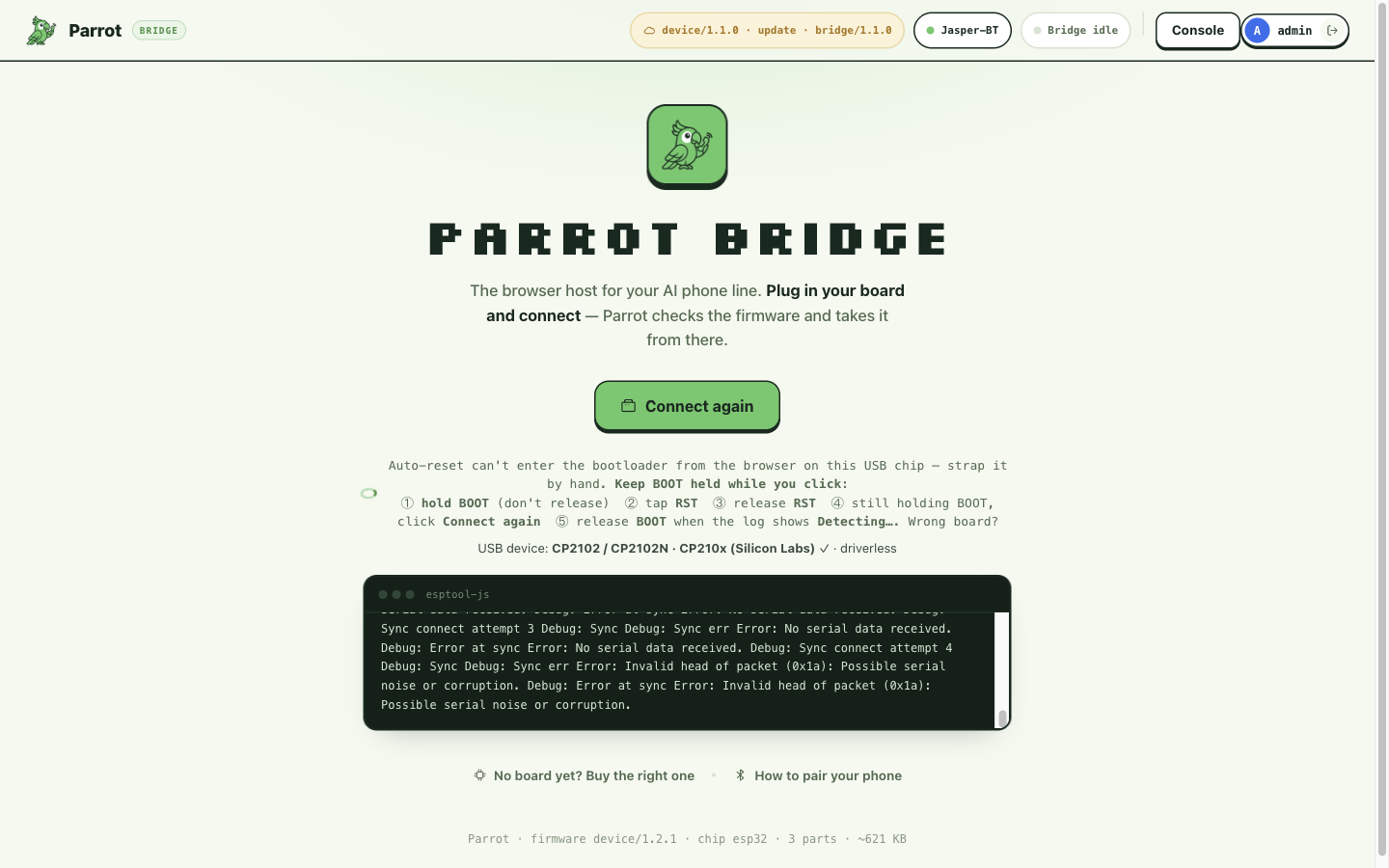 The Bridge page asking for a manual bootloader strap