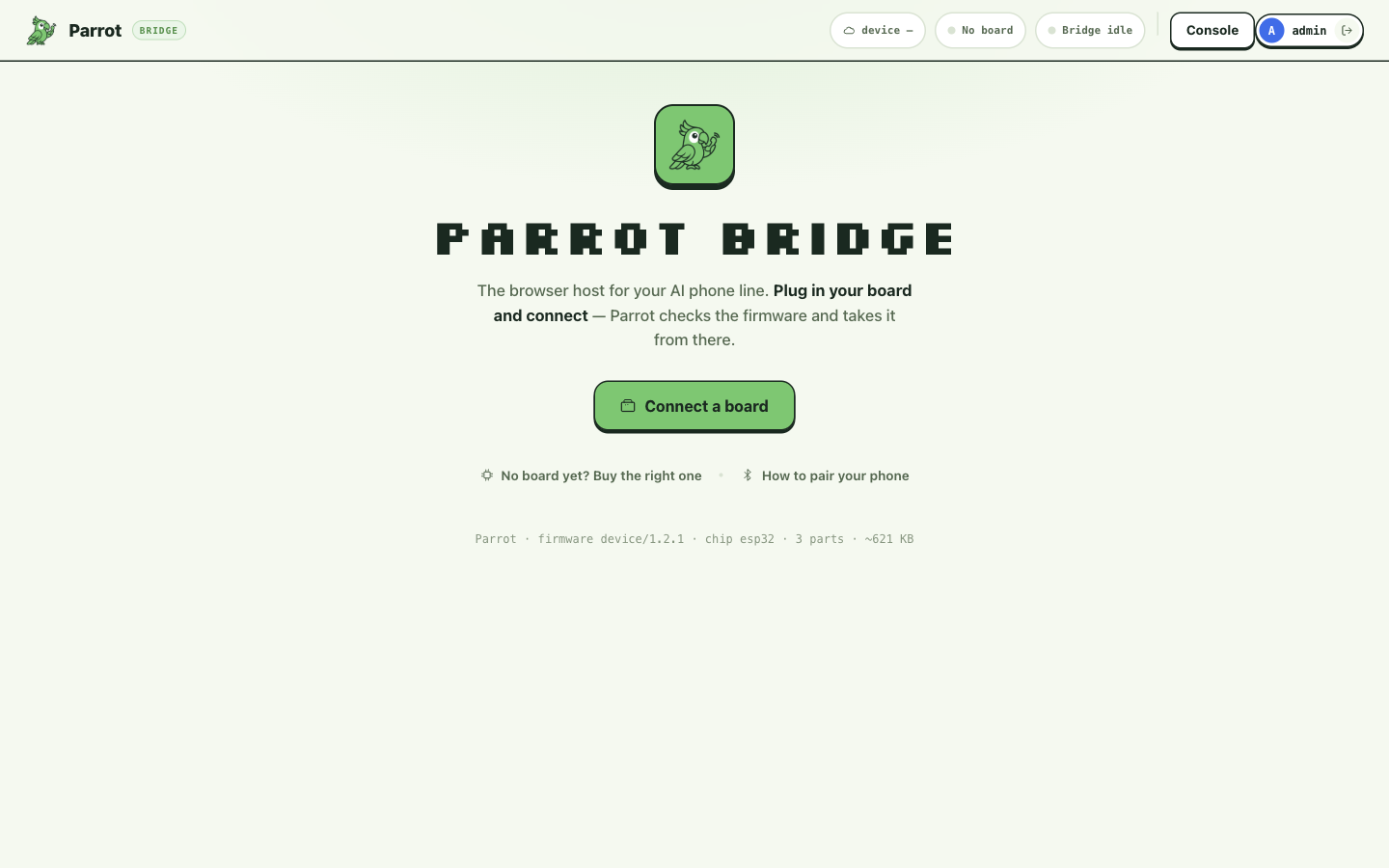 The Parrot Bridge page: Connect a board