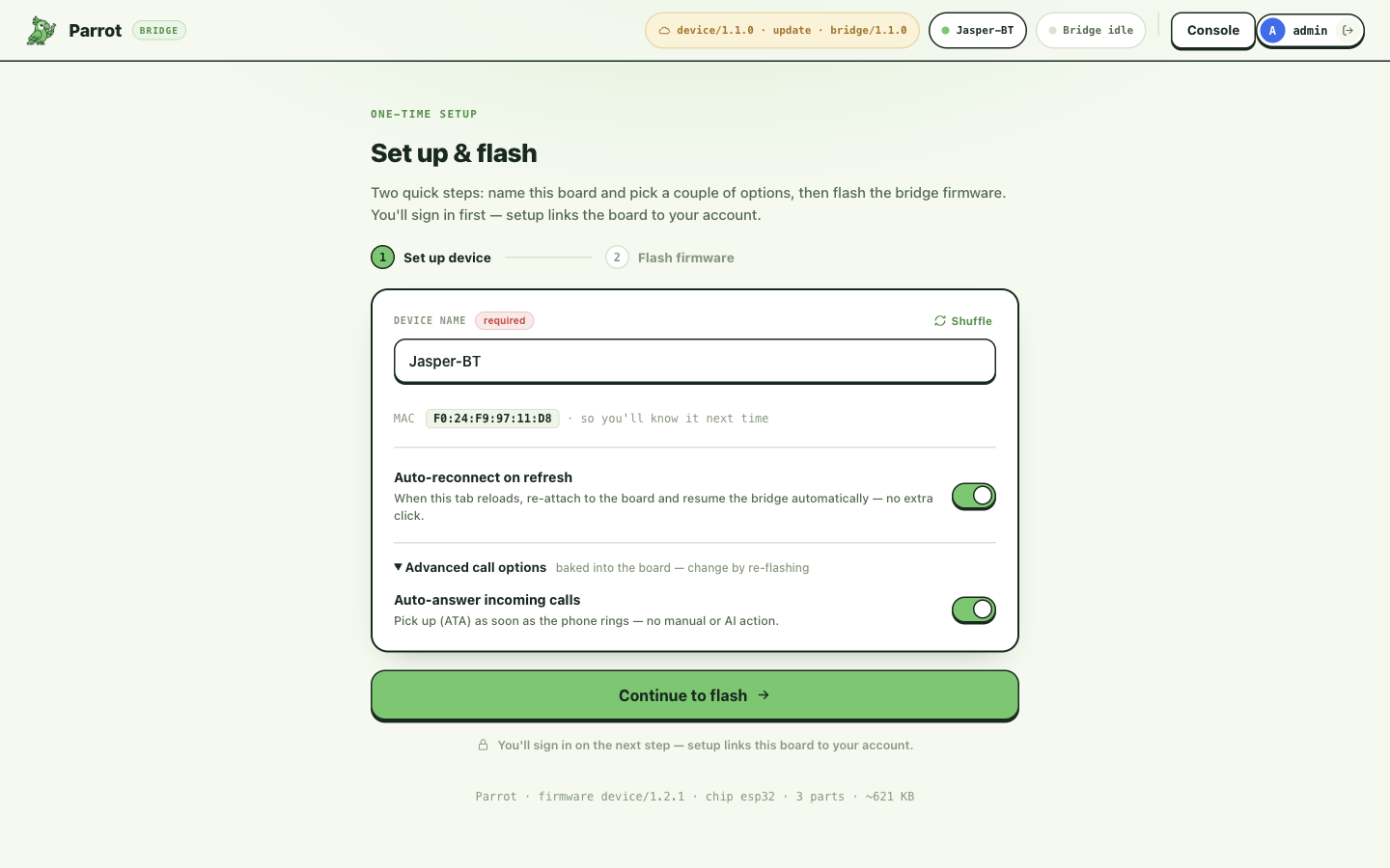 The setup screen: name and the board's toggle