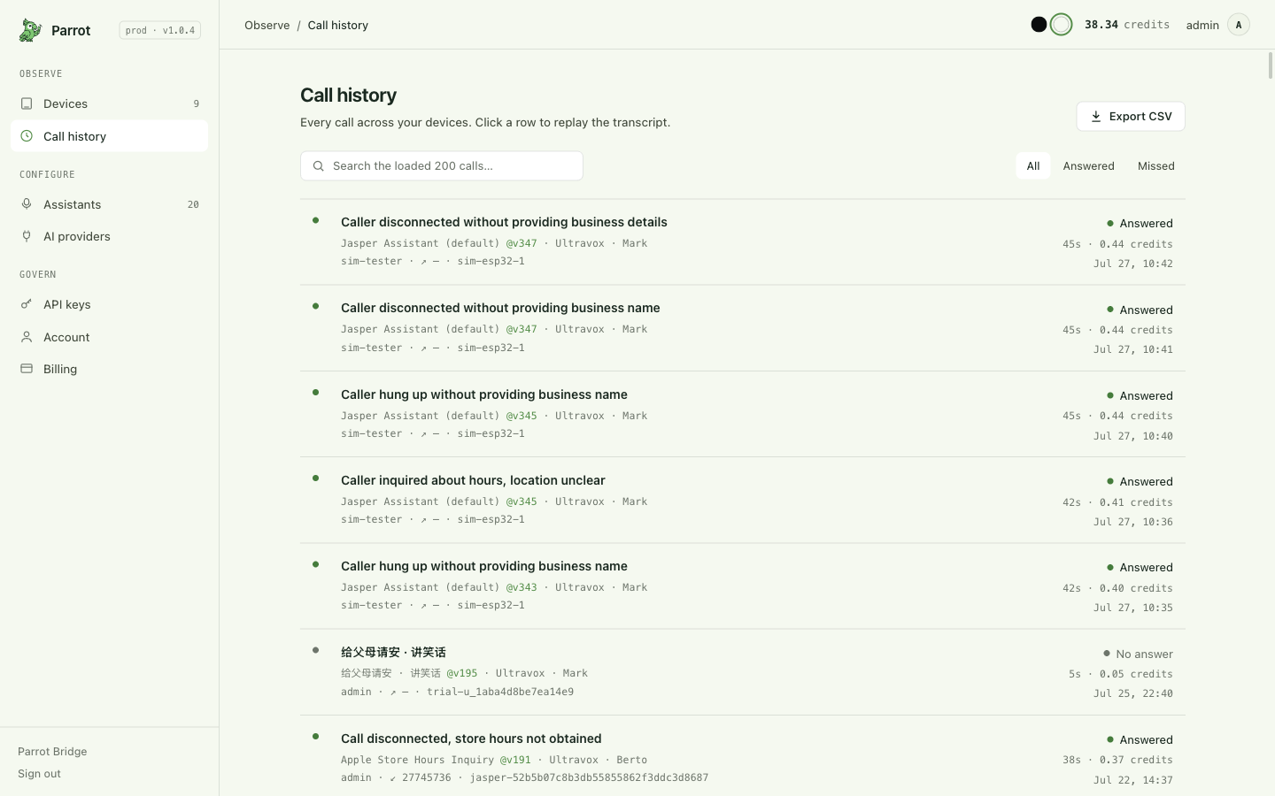 Call history: outcome chips, duration, credits per call