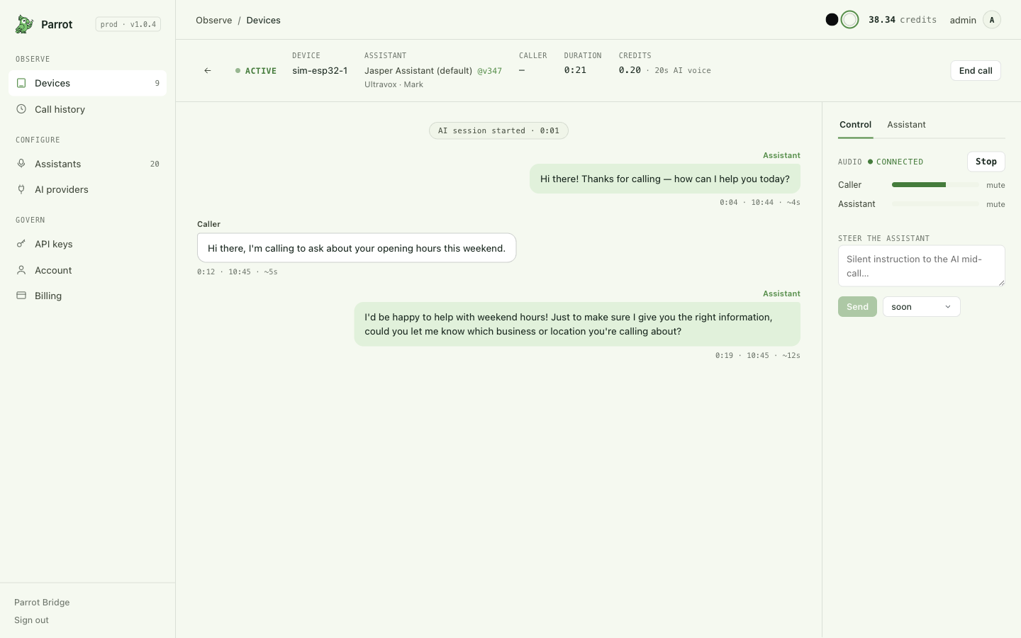 Live monitor: transcript, per-side audio meters, and the control rail