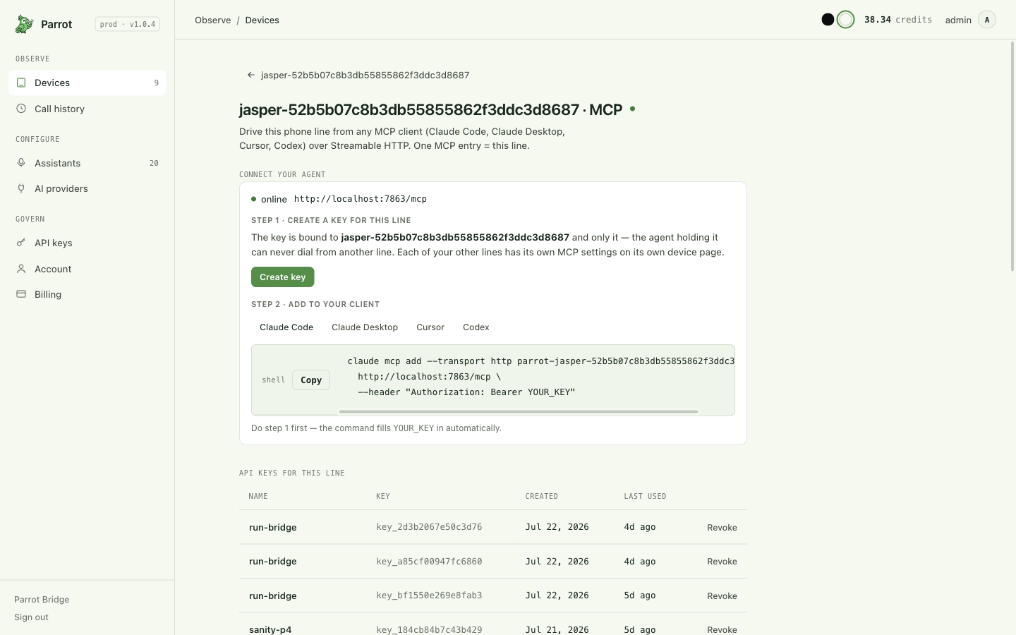 The per-device MCP page: create a key, copy your client's snippet
