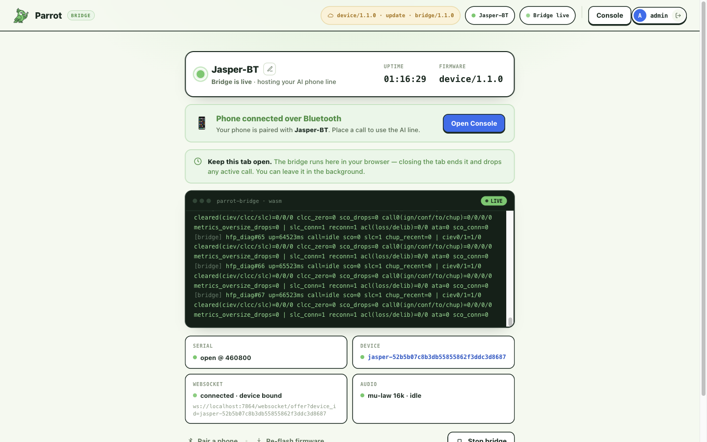 Bridge live: phone connected, Open Console ready
